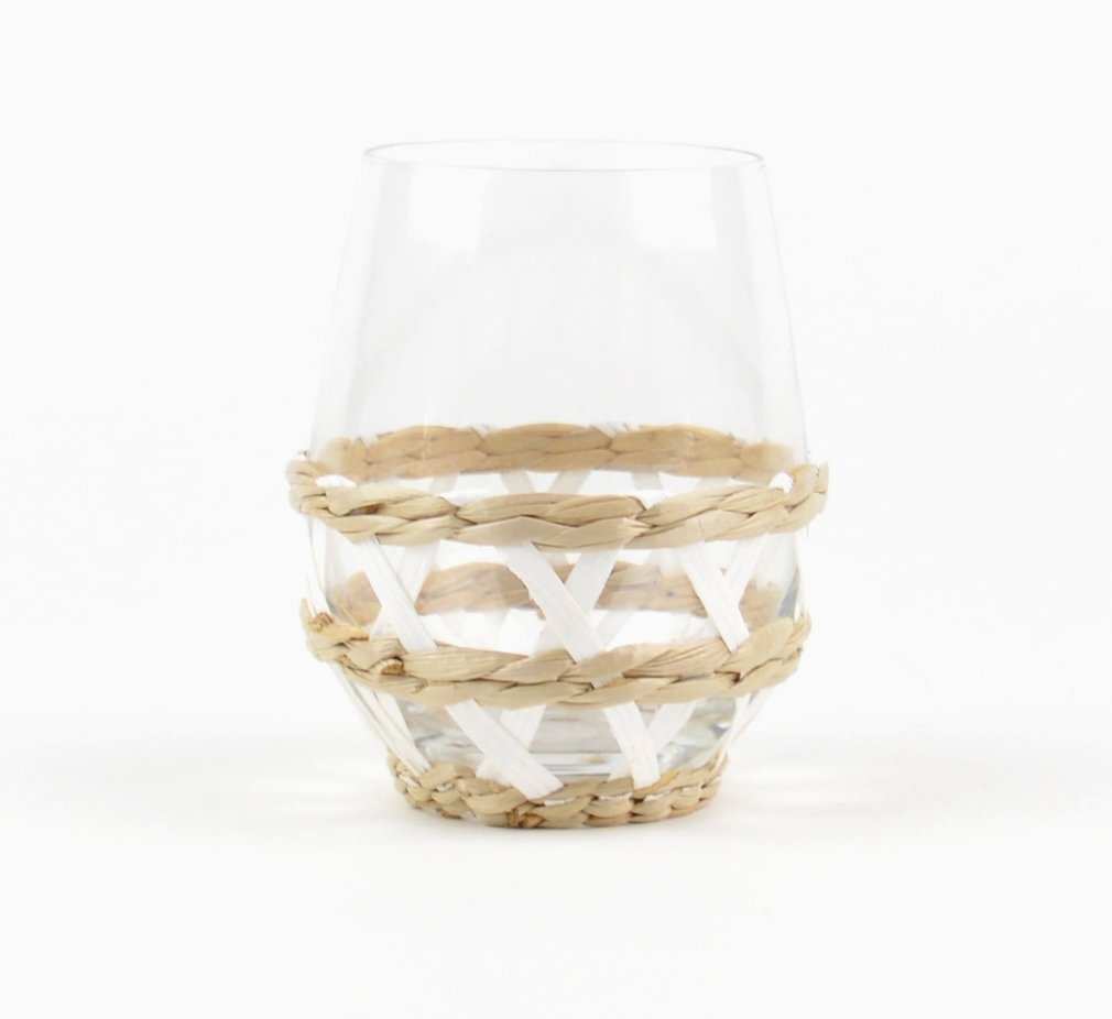 White Rattan Stemless Wine Glass