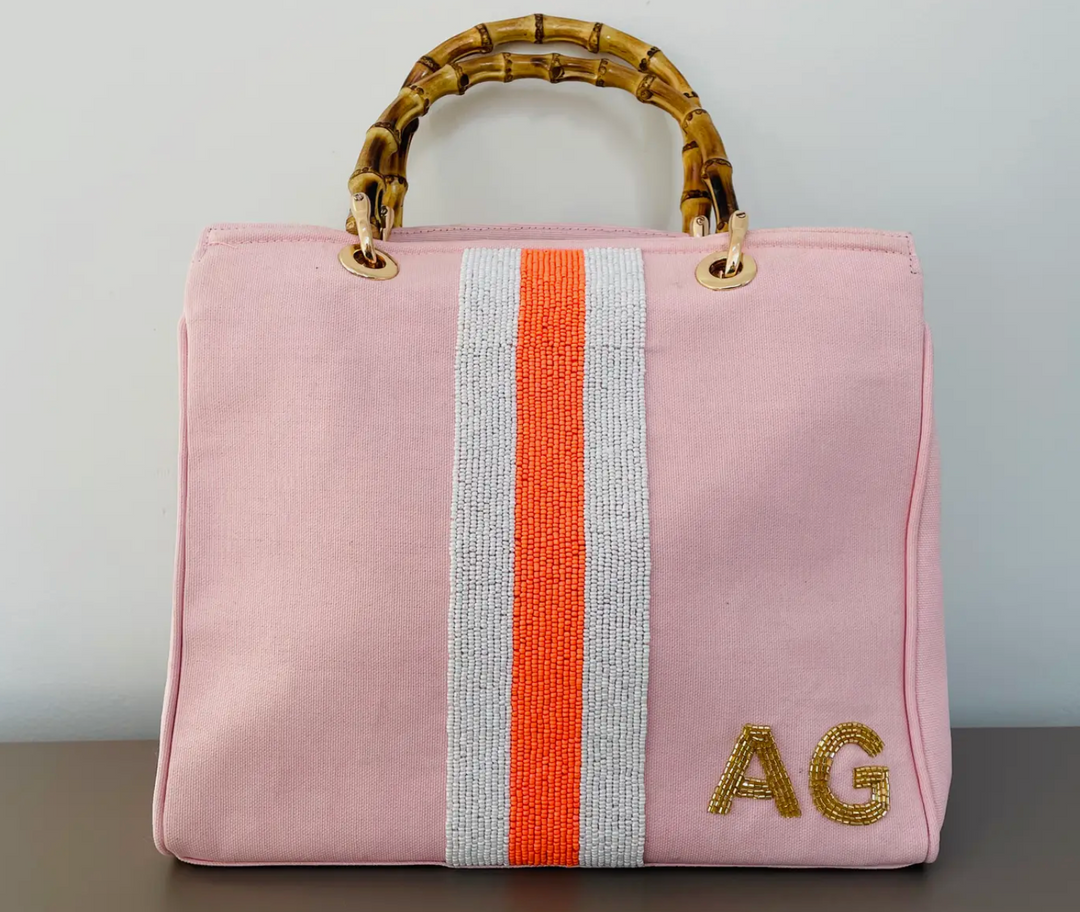 Pink Stripe Tote With Bamboo Handle