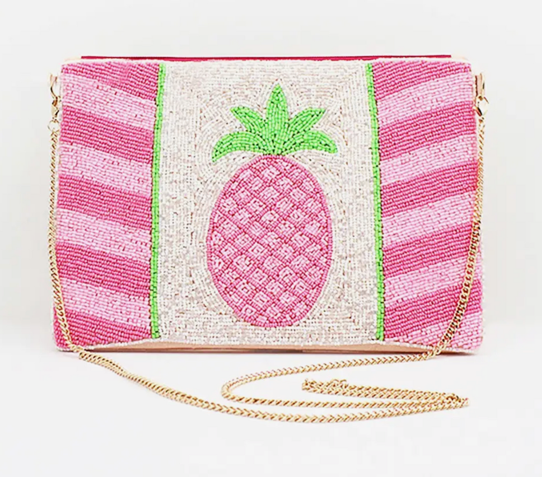 Pink And Silver Pineapple Hand Made Beaded Canvas Handbag