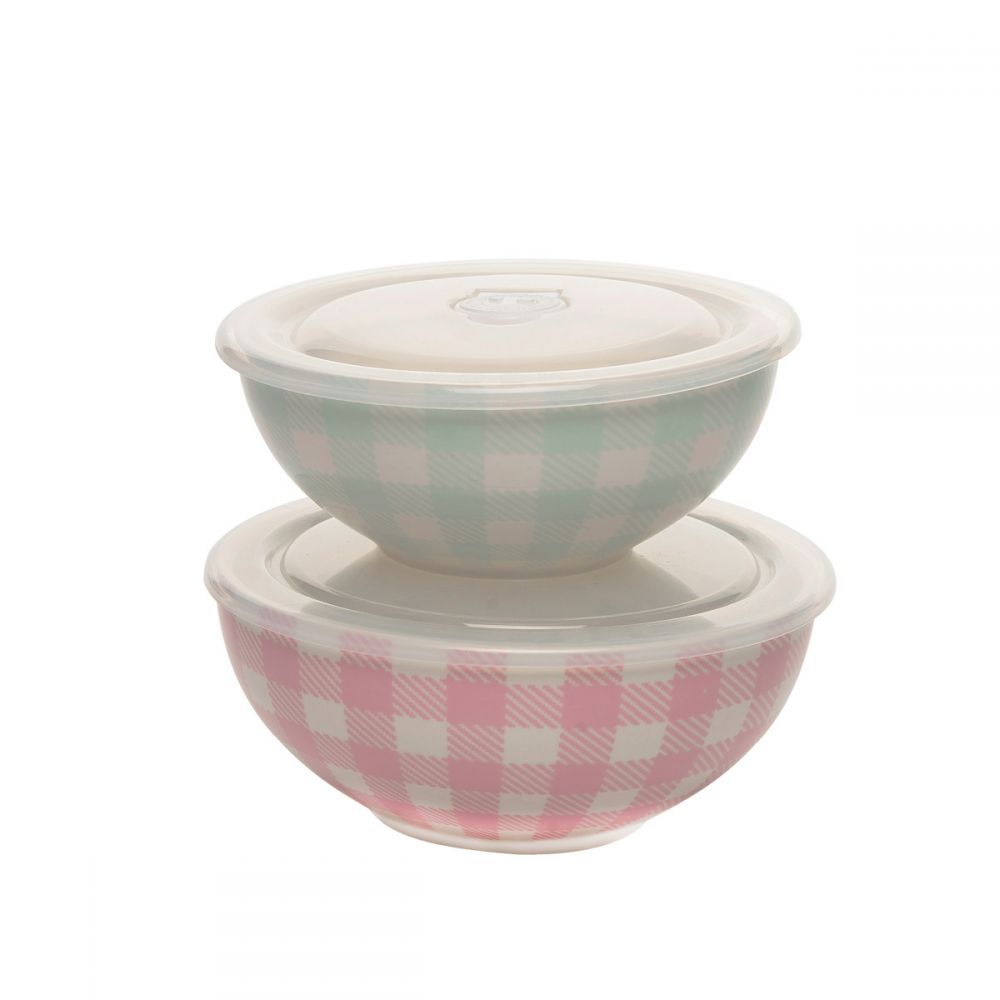 Gingham Pattern Bowls w/ Plastic Lid