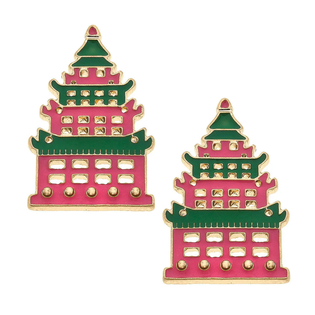 Tiffany Enamel Pagoda Stud Earrings in Green & Pink