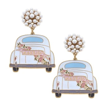 Peach Enamel Just Married Getaway Car Earrings in White & Pink
