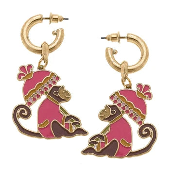 Remy Enamel Monkey Earrings in Pink & Brown