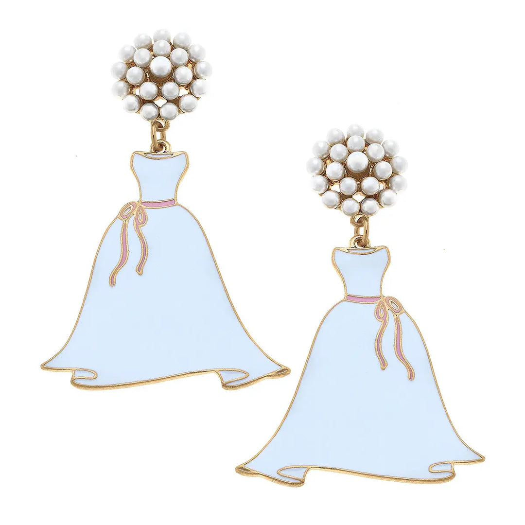 Dolly Enamel Wedding Dress & Pearl Cluster Earrings in White & Pink