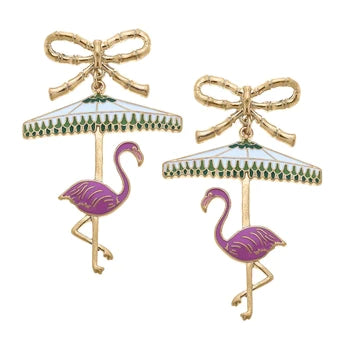 Lina Enamel Flamingo with Umbrella Earrings in Pink & Green