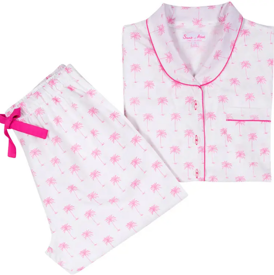 Women's Pink Palm Tree Longe Sleeve Shirt + PJ Pant Set