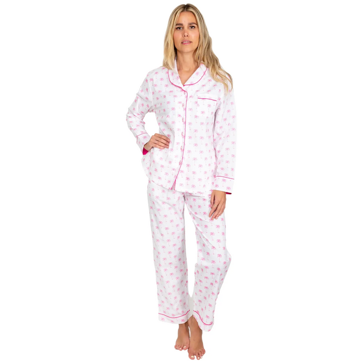 Women's Pink Palm Tree Longe Sleeve Shirt + PJ Pant Set