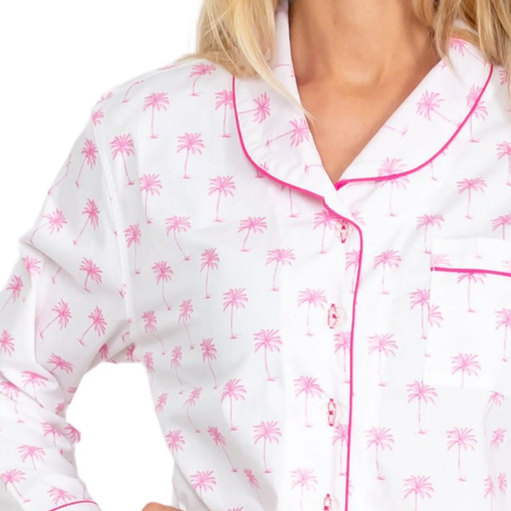 Women's Pink Palm Tree Longe Sleeve Shirt + PJ Pant Set