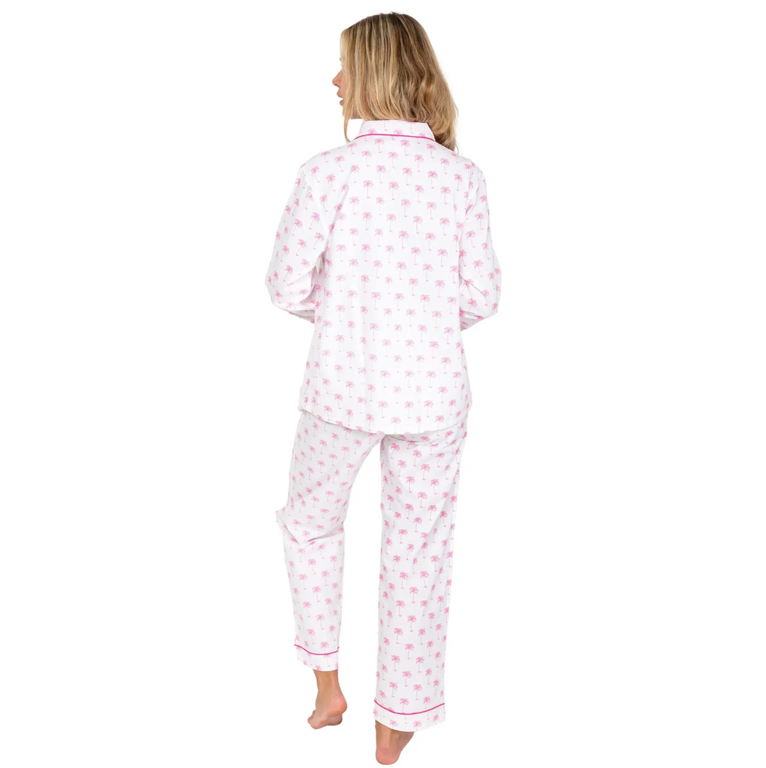 Women's Pink Palm Tree Longe Sleeve Shirt + PJ Pant Set