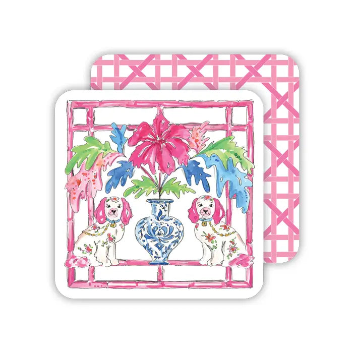 Pink Staffordshire Dogs with Cane Border Paper Coaster